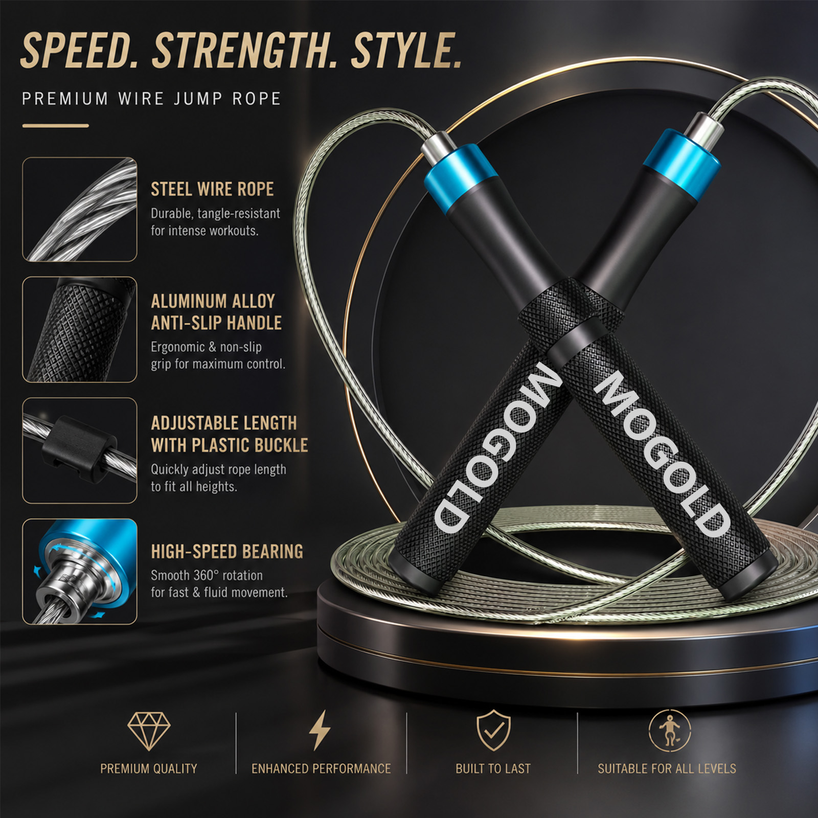 Jump Rope Speed Bearing - MOGOLDプロフェッショナルスピードジャンプロープ、メタルハンドル、高速ベアリング、ゼロジャミング、3.0mmレーシングケーブル付き
